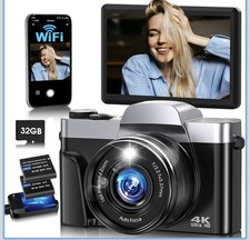 64MP 4K UHD Compact Digital Camera, 3in 180° Flip Screen, Wi-Fi, 16x Zoom