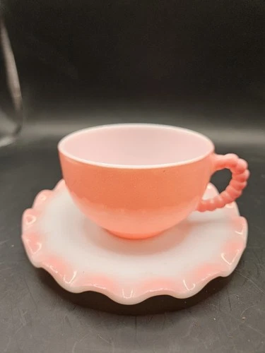 VINTAGE HAZEL ATLAS CRINOLINE PINK/WHITE CUP AND SAUCER WITH BEADED HANDLE