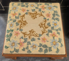 Vintage Wooden Footstool With Removable Floral Needlepoint Seat 30cm High 36x36c