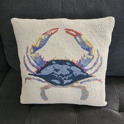 Blue Crab Coastal Sealife Hooked Wool Pillow Handwork Square 16''x16''
