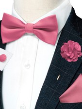 Men's Silk Bow Tie Set Solid Color Wedding Party With Pocket Square Cufflinks