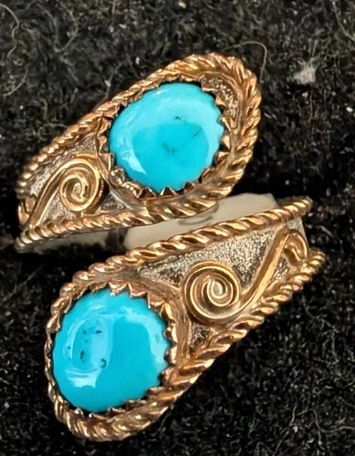 Vtg Navajo Bypass Sterling Gold Filled Turquoise Stone woman's Ring size 8