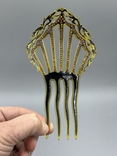 Antique ART DECO Gold Rhinestone HAIRCOMB Black Celluloid Hair Ornament Comb