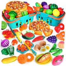 100 PCS Cutting Play Food Toy for Kids Kitchen, Pretend Food Toys for Blue