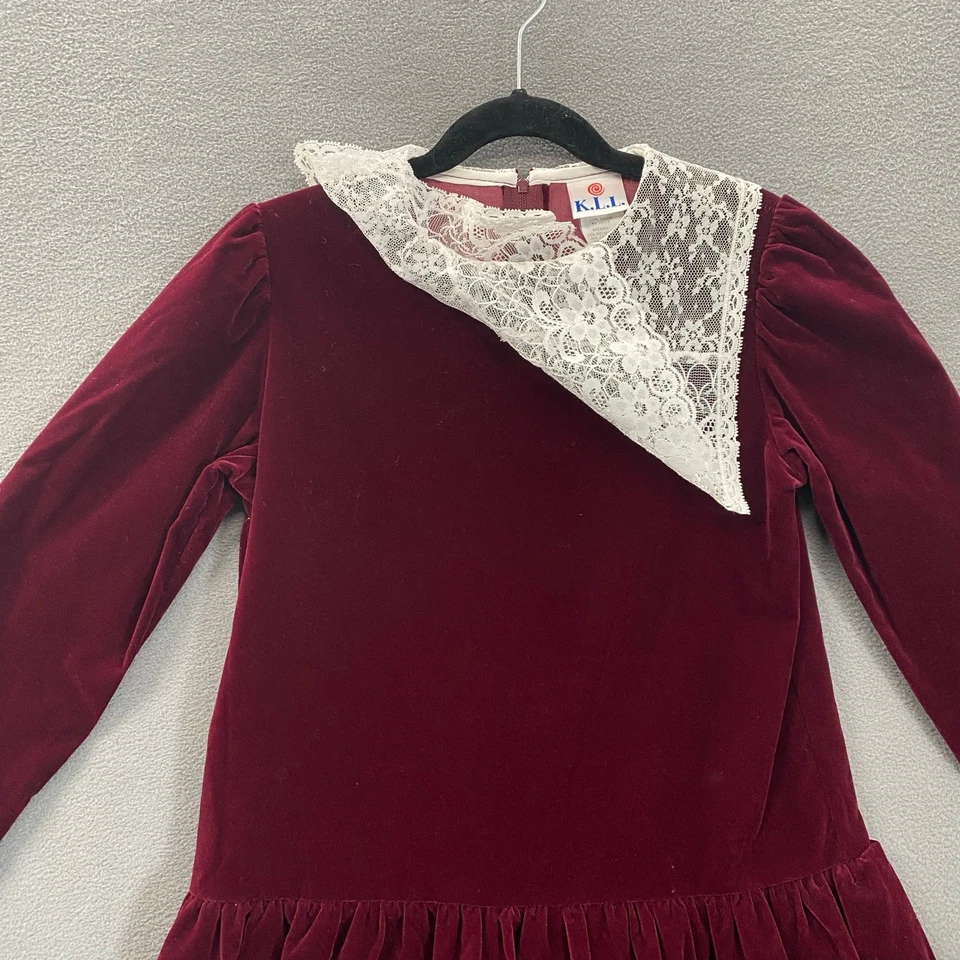 Vtg 80s 90s Velvet Drop Waist Ruffle Tiered Hem Party Dress Girls 8 Lace Collar - Image 4 of 4