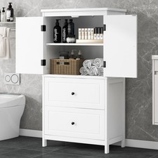 White Bathroom Storage Cabinet w/ 2 Doors  2 Drawers, Adjustable Shelf, MDF