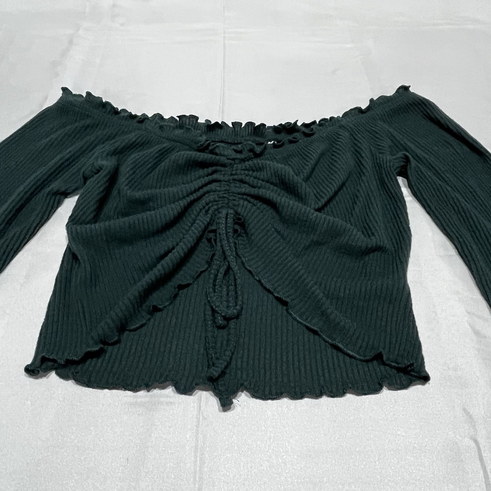 Pacsun Women Green Long Sleeve Med Off The Shoulder Crop Top Ruched Front V Neck