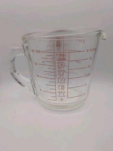 Vintage PYREX #516 2 Cup Glass Measuring Cup Red Lettering Closed D-Handle