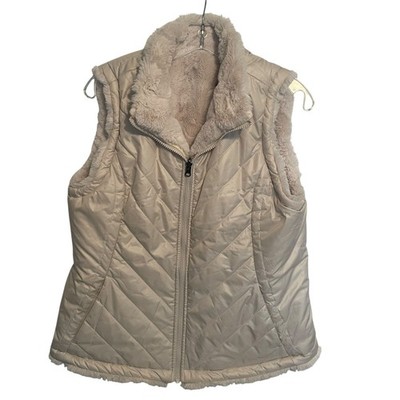 Nicole Miller Reversible Puffer Vest Womens Large Ivory Body Warmer Faux Fur