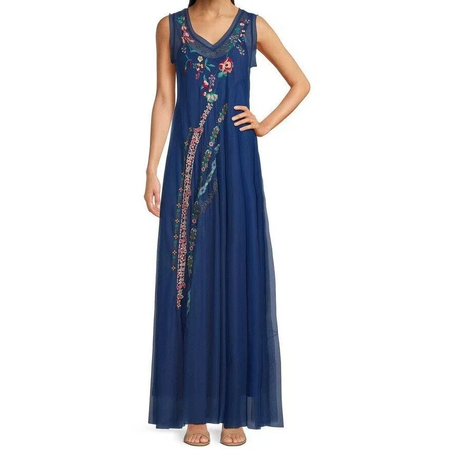 Nuevo sin etiquetas Maxi Vestido Johnny Was Biya Mazzy Sesgado Bordado Floral Azul Malla Talla S Foto 4 de 4