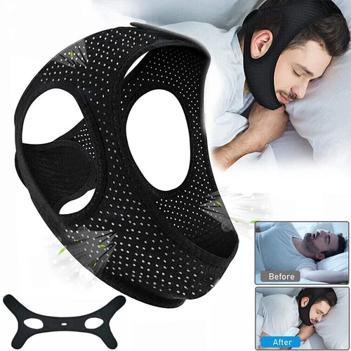 Black Snore Stop Belt Anti Snoring Cpap Chin Strap Sleep Apnea Jaw Solution TMJ - Picture 2 of 8