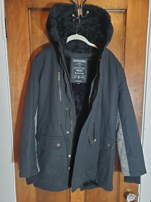 Jack And Jones Champ Parka Jacket Faux Fur Hood Black w/ Gray