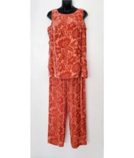 Magid Bernard Plush Silk Velvet Burnout Peach 2-Pc Floral Luxe Lounge Set Size S