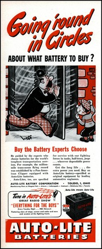 1944 Syd Hoff art Auto-Lite Batteries 'round in circles vintage print ad adL94