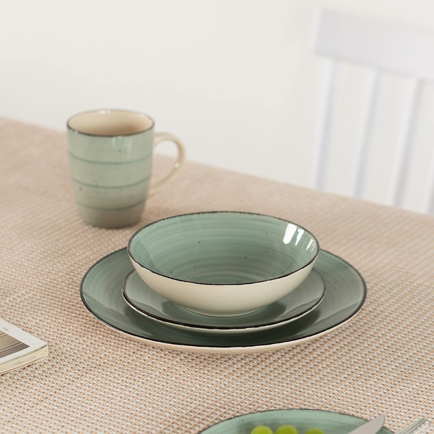Rimmed Dinnerware Set | Mugs, Salad and Dinner Plates and Bowls Sets, Dishes wit