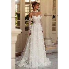 Lace Flower Sequins Wedding Dresses Scalloped A-line Corset Detachable Sleeves
