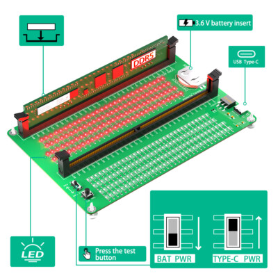 DDR5 RDIMM/UDIMM Memory Tester, Desktop Computer DDR5 Memory Test Card w/ LED TD