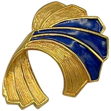 Vintage Gold Tone Scarf Ring Clip with Blue Enamel Accents Stylish