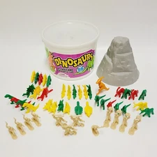 Tim Mee Toy Dinosaurs with Volcano Plastic Bucket Vintage Made in USA Cavemen