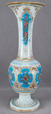 Bohemian Harrach Hand Painted Floral Turquoise & Gild Moorish Arch Opaline Vase