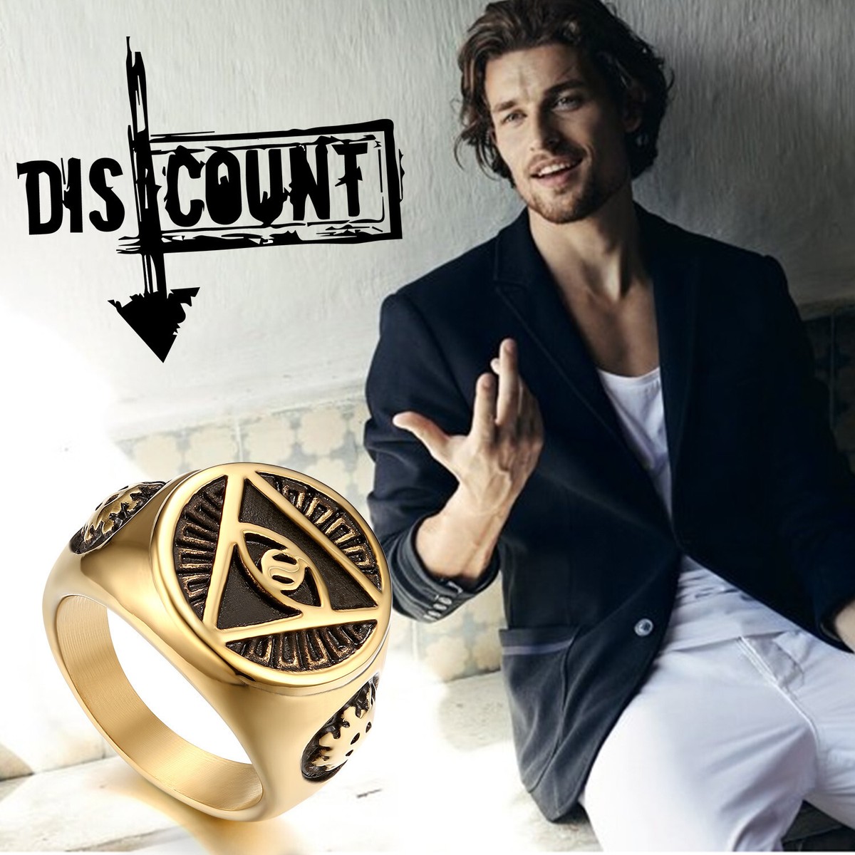 Men Gold Plated Stainless Steel Illuminati All-Seeing-Eye Pyramid