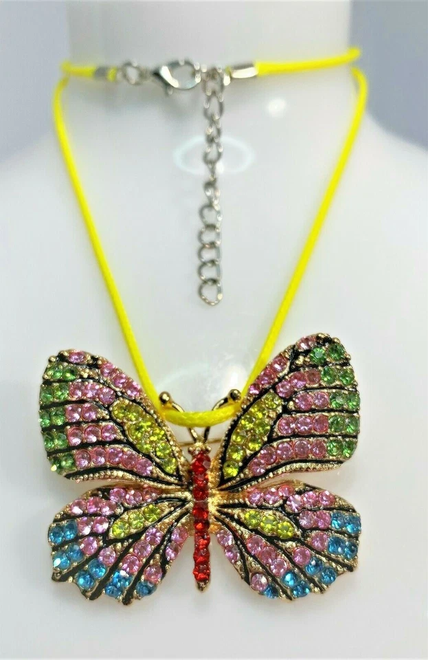 MULTI COLOR RAINBOW CRYSTAL BUTTERFLY PIN/PENDANT YELLOW LEATHER CORD - Image 2 of 4