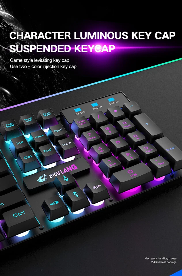 Wireless /Wired Gaming Keyboard Mouse Combo LED Rainbow Backlit Mechanical Feel - Image 4 of 4