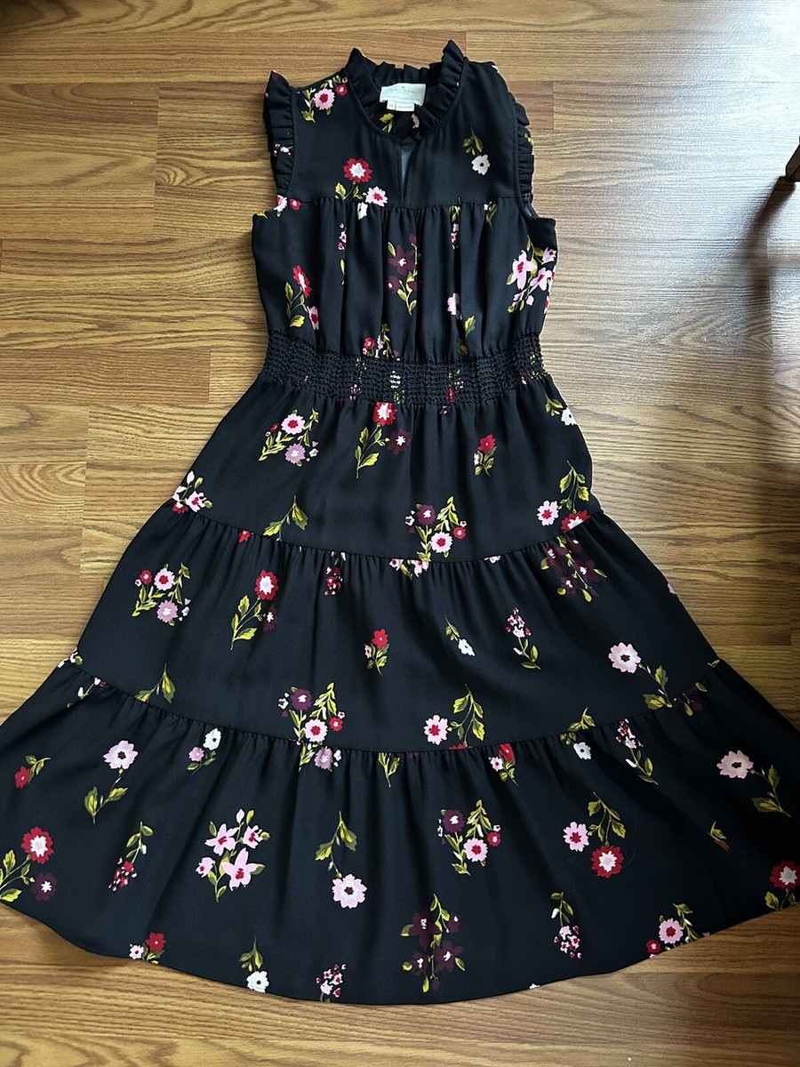 Kate Spade In Bloom Smocked Waist Black Floral Knee Length