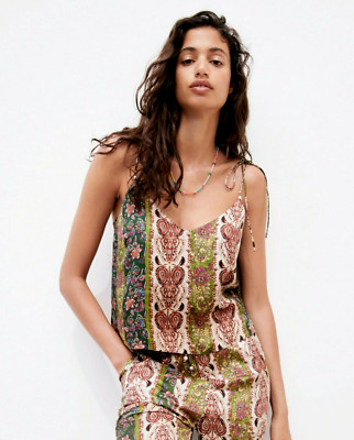 NEW Zara M Top Women's Green Beige Print Floral Paisley Tie Tank Cami