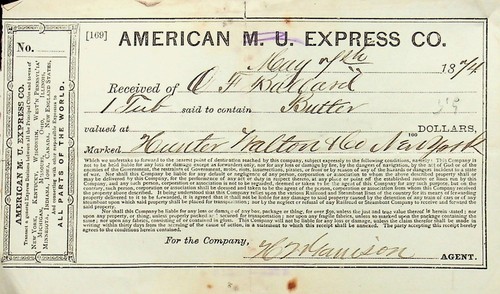 1874 - AMERICAN M.U. EXPRESS - FREIGHT SHIPPING DOCUMENT ONE TUB OF BUTTER-E16-E