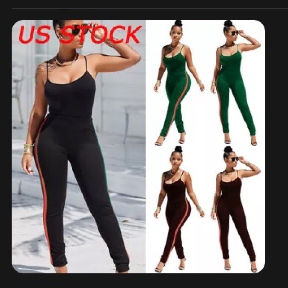 New Black/Green/Red Sexy Side Stripe Jumpsuit