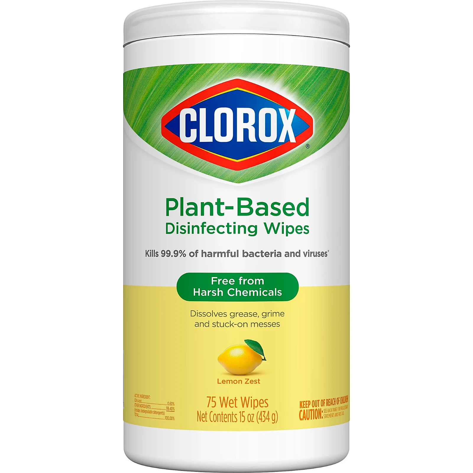 4 Pack Clorox PlantBased Disinfecting Wipes, Lemon Zest 75 Wet Wipes