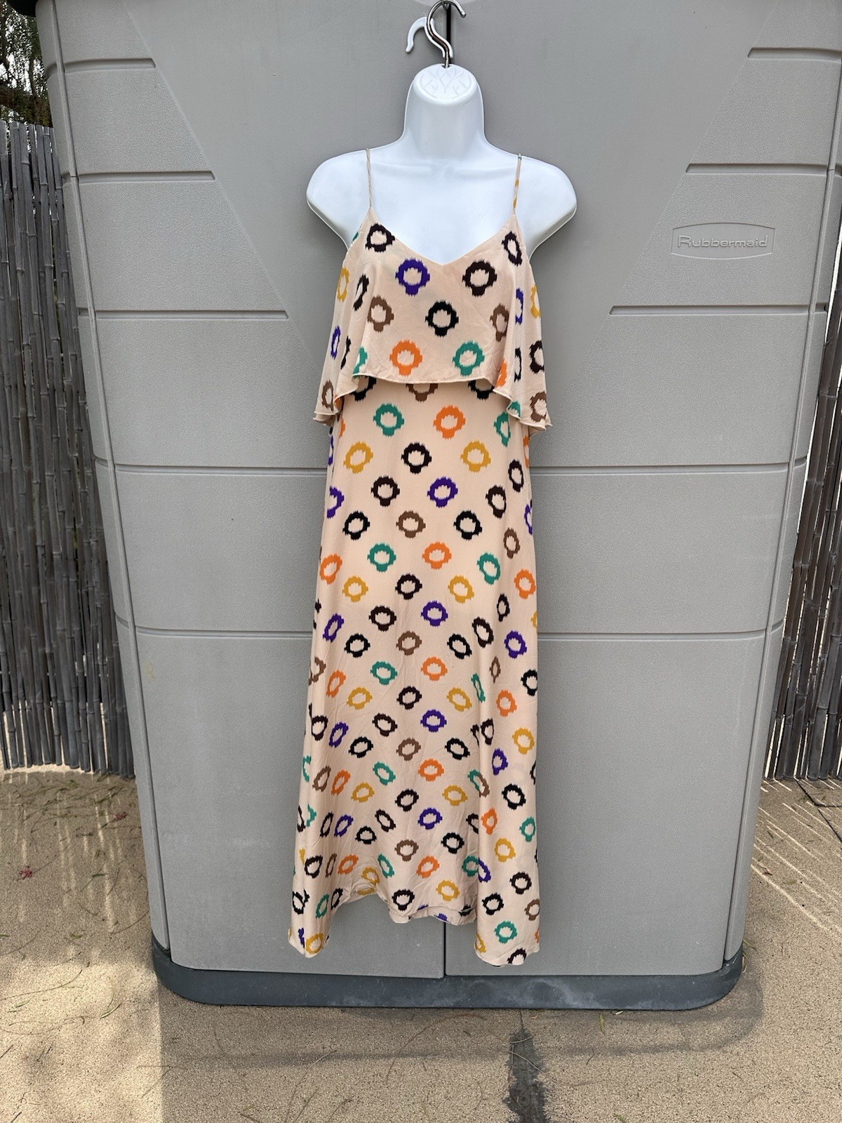 BLU MOON By PLANET BLUE Silk Maxi Slip Dress Ruffle Geo Print Sz S Vacation Y2K