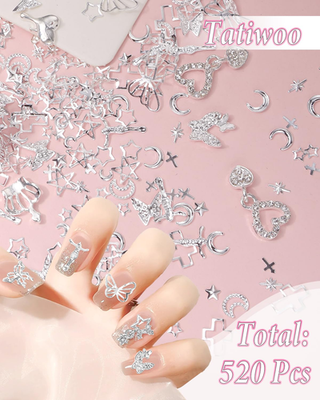 Moon rod nail parts Set 8P ♥︎·₊ 520 Pcs Silver Nail Charms Set - 3D Bow, Star, Heart, Butterfly