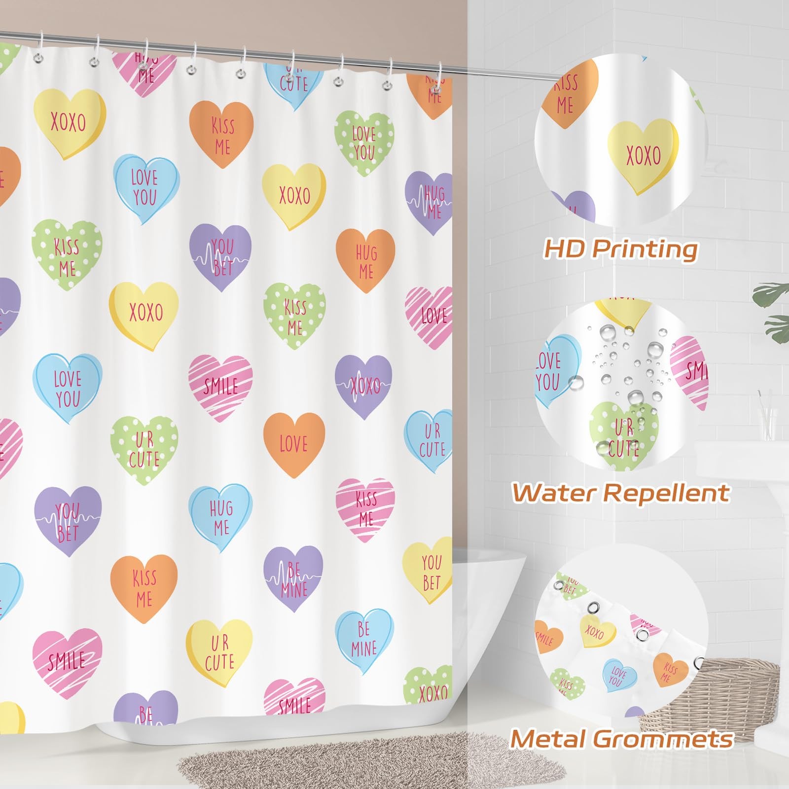 Valentines Shower Curtains For Bathroom Colorful Conversation Heart Candy 72x72 thumbnail 6