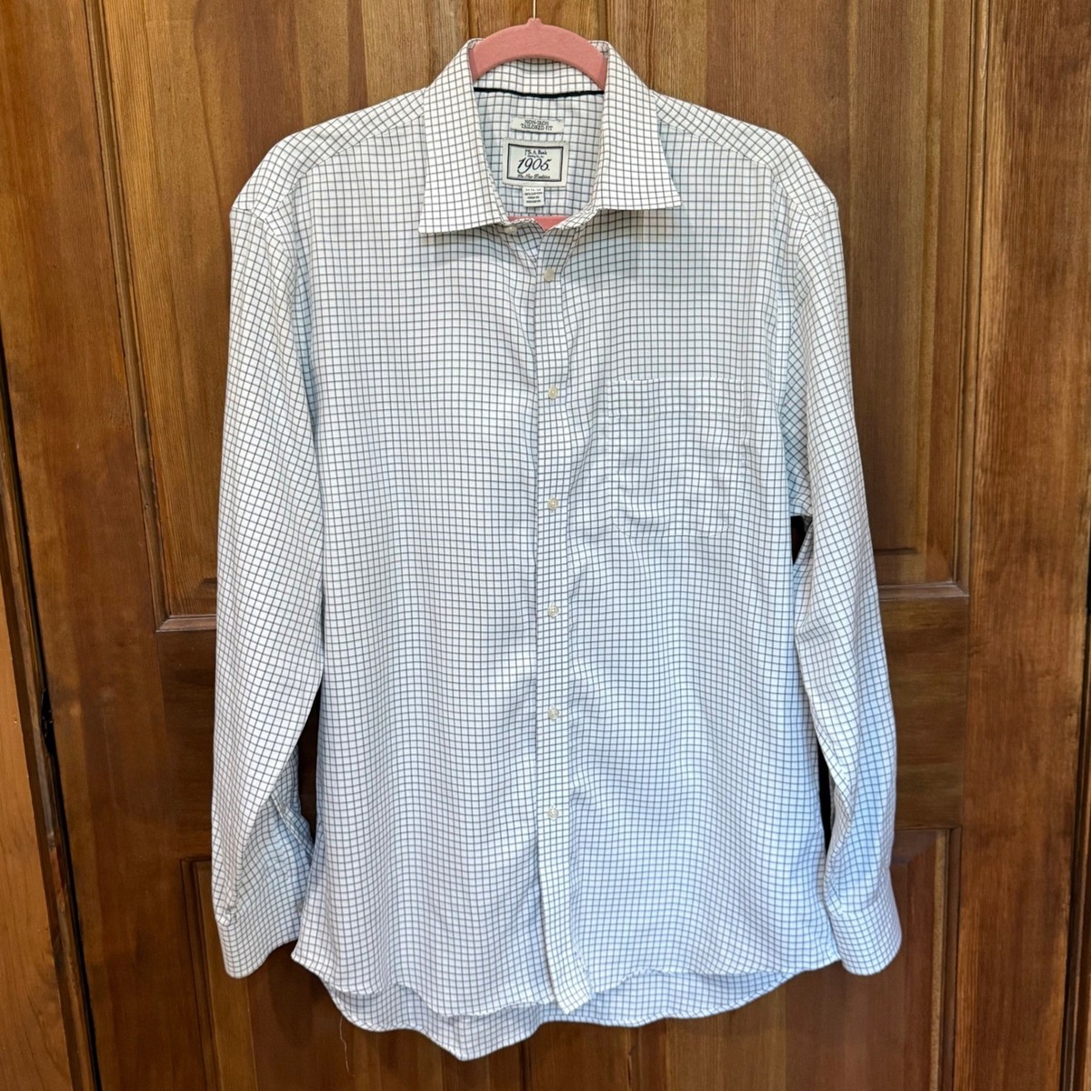 Jos A Bank 1905 Tailored Fit Non Iron Shirt Mens 16.5 35 White Grid Check Cotton