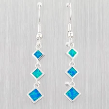 3 Square Shape Ocean Blue Fire Opal Silver Jewelry Dangle Drop Earrings