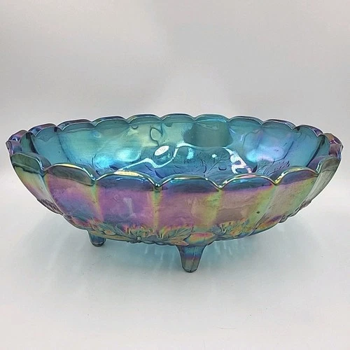 Vtg Iridescent Blue Indiana Carnival Glass Oval Harvest Grape Bowl Footed *READ*