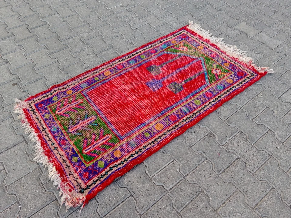Vintage Turkish Small Rug 4.9x2.6 ft | Red Prayer Motif, Colorful Anatolian - Image 4 of 4