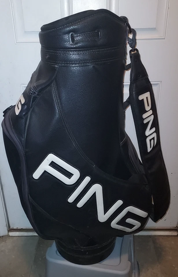 Ping Men's Golf Staff Bag Black Leather 6-Way Top w/ Rain Cover Vintage - Image 3 of 4