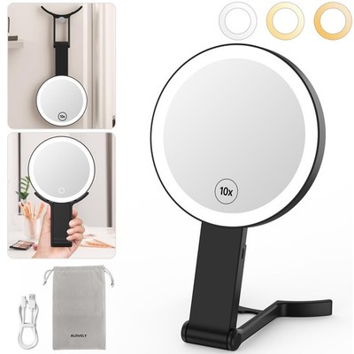 Alovely Travel Makeup Mirror with Lights, Portable Mirror 2-Sided 10X /1X Mag...