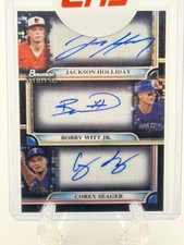 Bowman Sterling Triple Auto Jackson Holliday, Bobby Witt Jr, Corey Seager /10