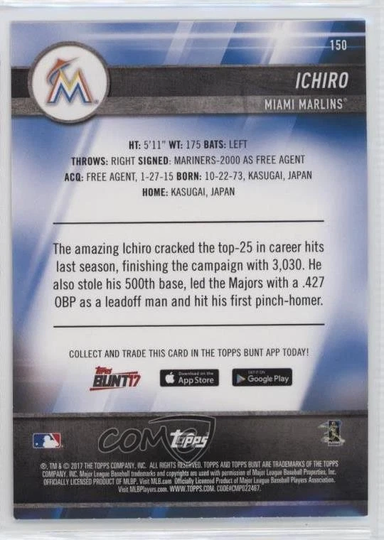 2017 Topps Bunt Black Ichiro Suzuki Ichiro #150 HOF - Image 2 of 2
