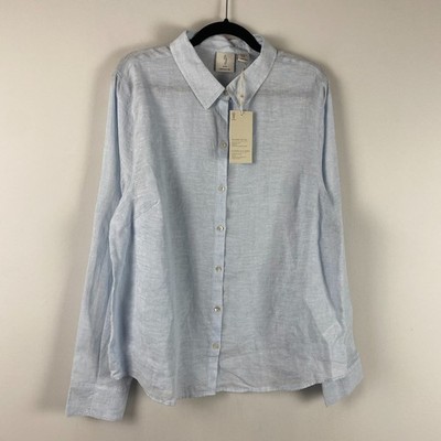 Joie Linen Button Up Shirt Size XL Solid Blue Long Sleeve Collared