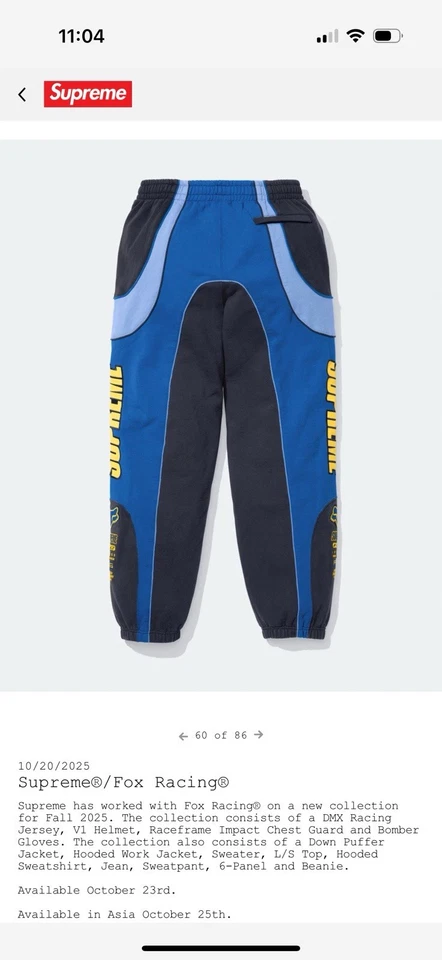 Pantalones deportivos Supreme Fox Racing azul talla grande FW25 Foto 3 de 3