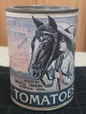 Vintage Tomatoes Can Bank Western Girl Kaysville Utah Label Girl With Horse