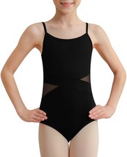 Girls Black Mesh Leotard, Hollow Back Waist Splicing Design, Halter neck Ba...