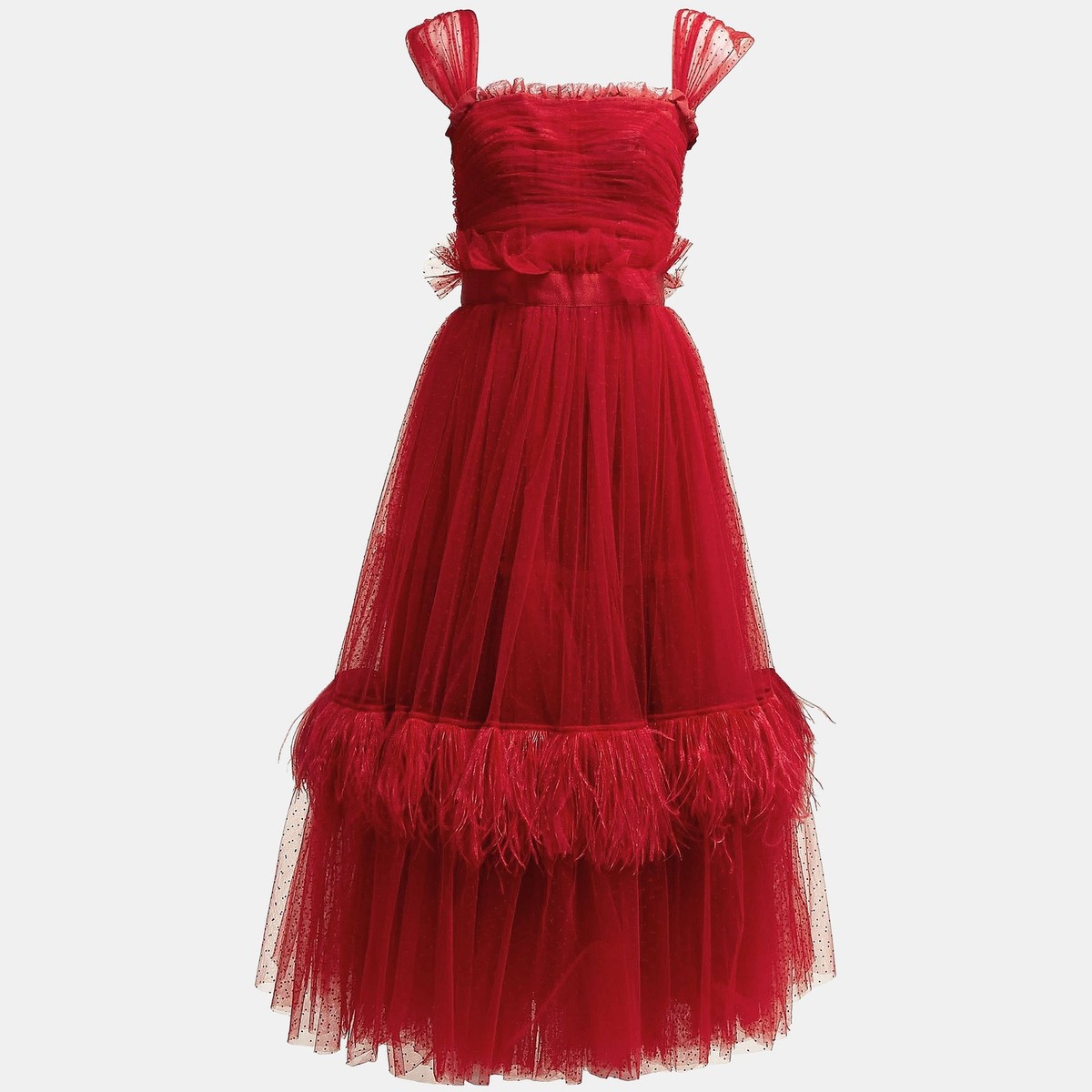 DOLCE&GABBANA★素敵!Fringed tulle midi dress Dolce & Gabbana Red Dotted Tulle Feather Detail Midi Dress S