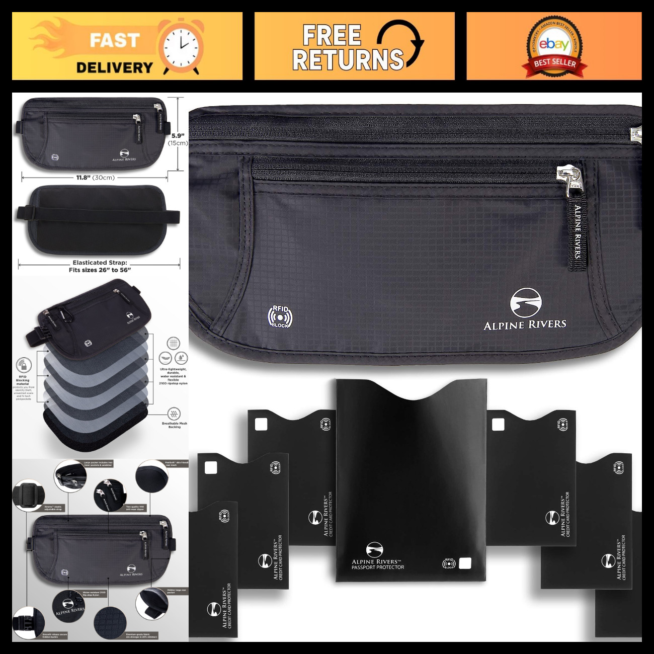 Travel Money Belt - RFID Blocking Hidden Wallet, Secure Onyx Black Pouch