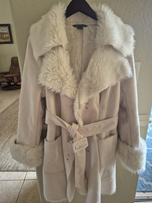Armani Exchange Luxury Ivory Cream Coat with Faux Fur, Cuffs, and Belt Size L